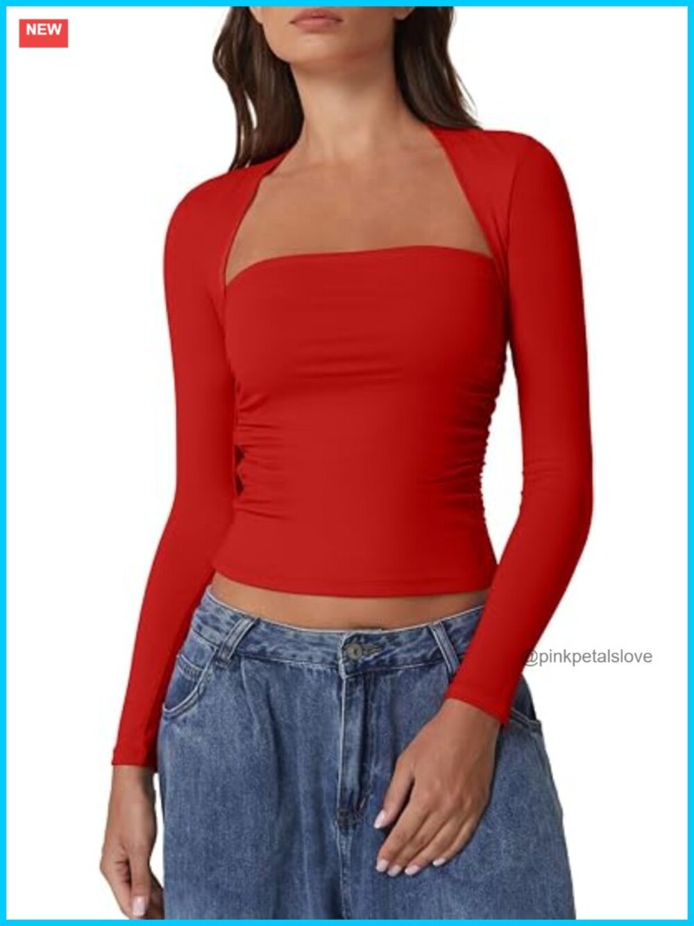 Long Sleeve Square Neck Crop Top - Double Lined Side Ruching Going Out Shirt